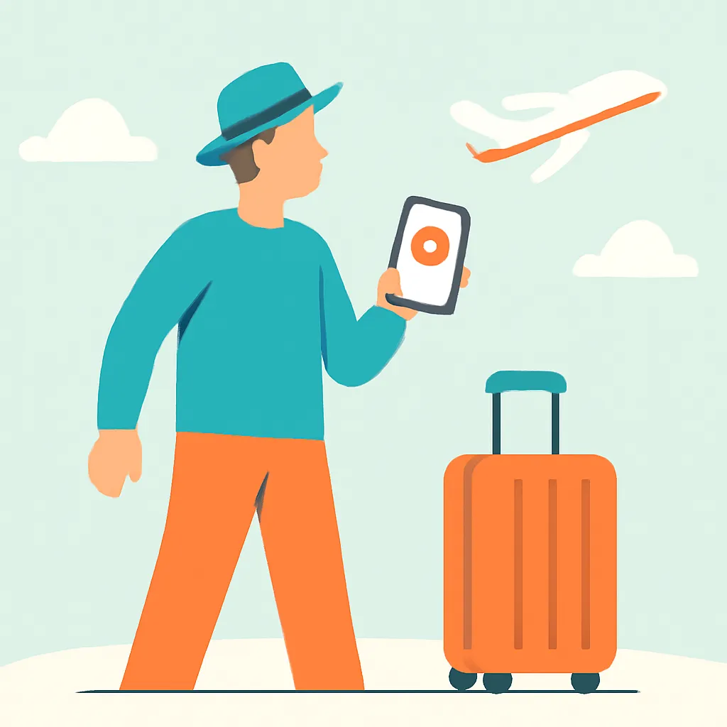 Viajante com smartphone, pino de mapa, avião e mala