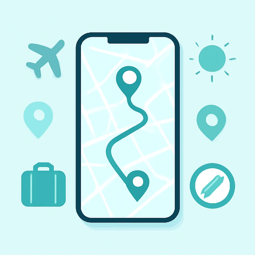 Smartphone mostrando um mapa de navegação com rota e pinos de localização, com ícones de viagem ao redor