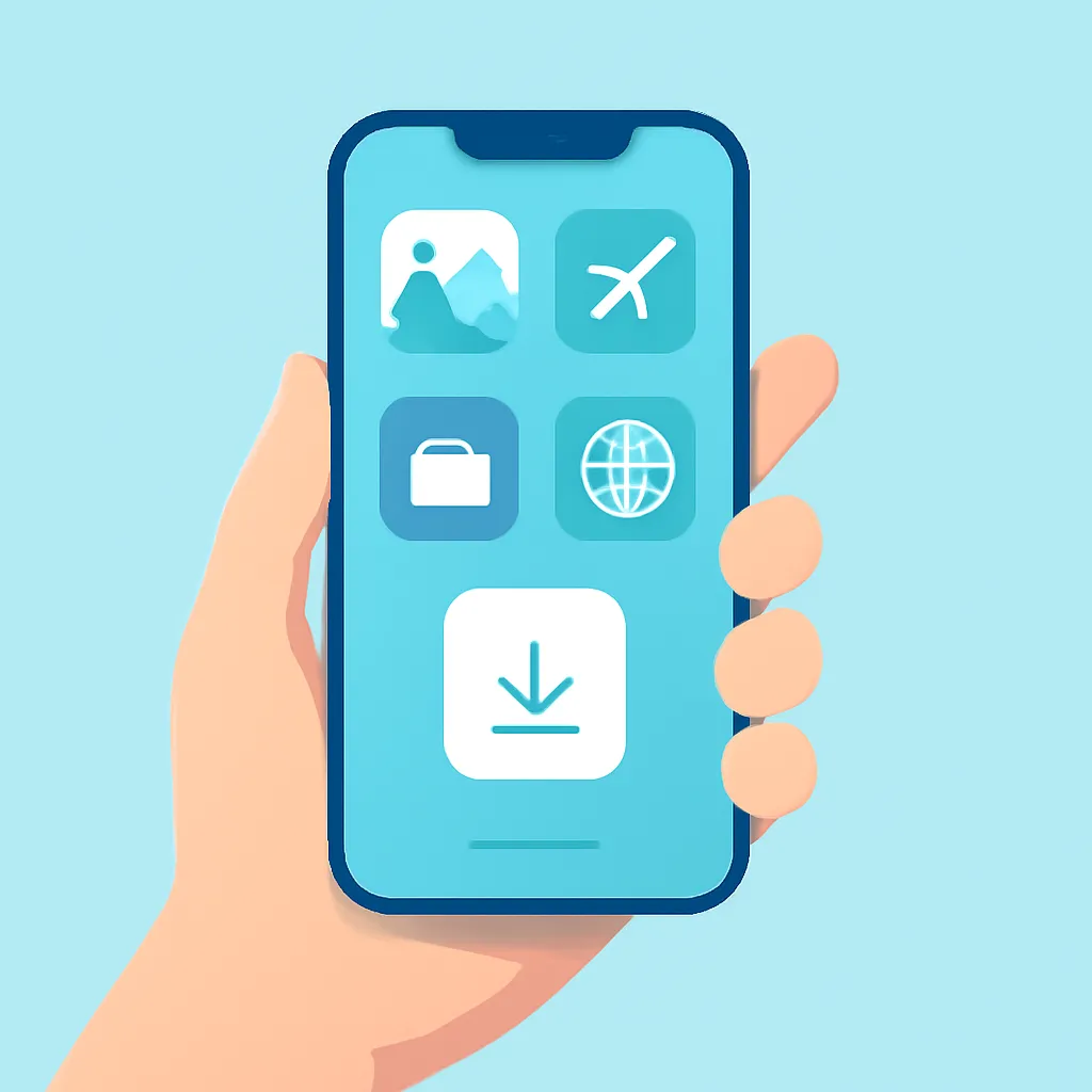 Mão segurando um smartphone baixando apps de viagem de uma loja de aplicativos